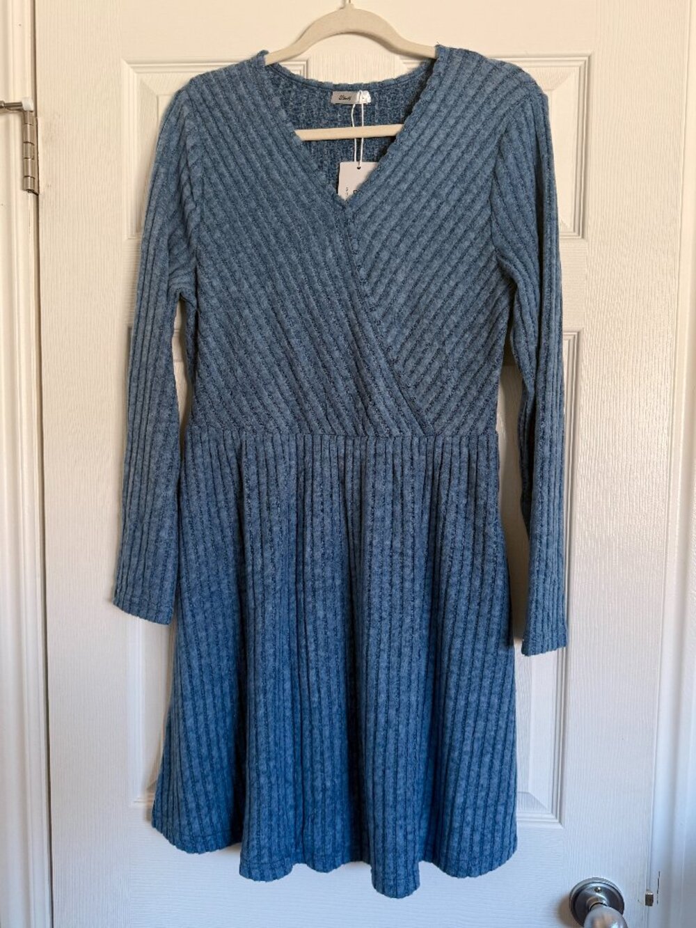 NWT Blue Brushed Rib Knit Surplice V-Neck Sweater Dress L